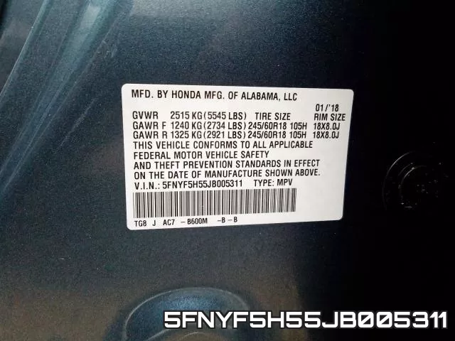 5FNYF5H55JB005311 фото 2