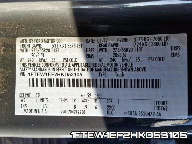 1FTEW1EF2HKD53105 фото 2