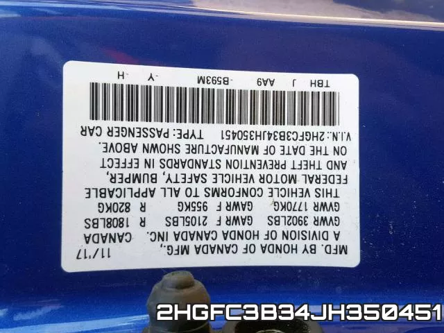 2HGFC3B34JH350451 фото 2