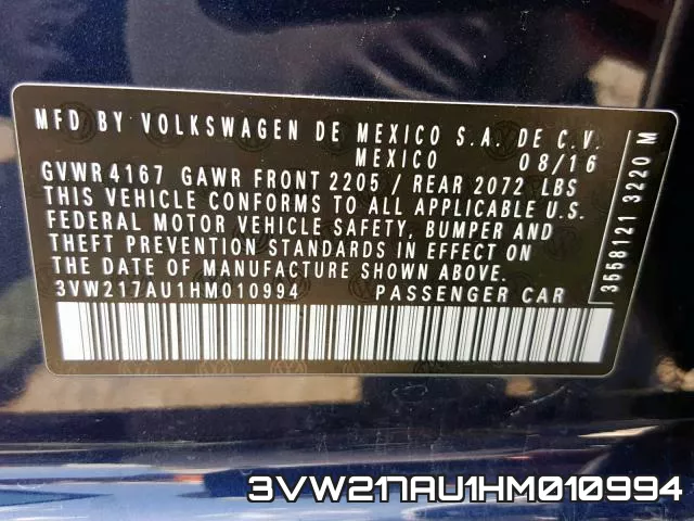 3VW217AU1HM010994 фото 2