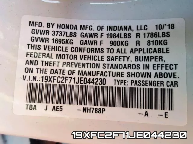 19XFC2F71JE044230 фото 2