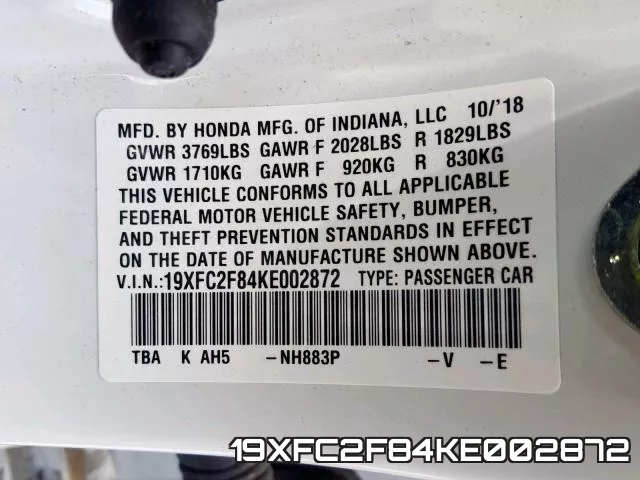 19XFC2F84KE002872 фото 2