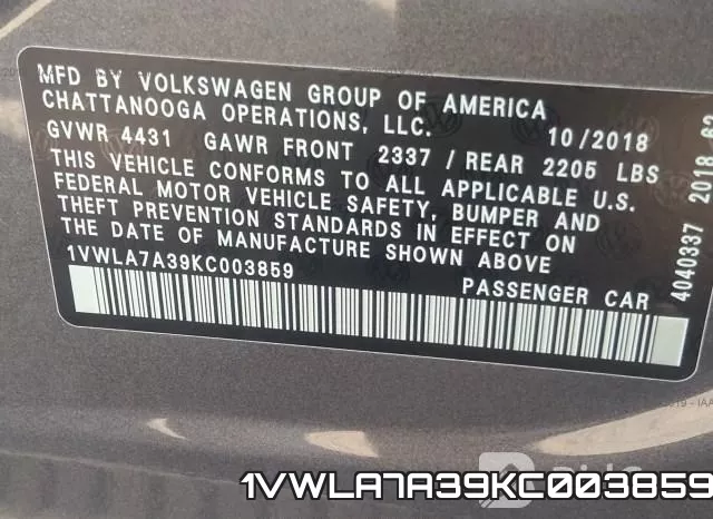 1VWLA7A39KC003859 фото 10