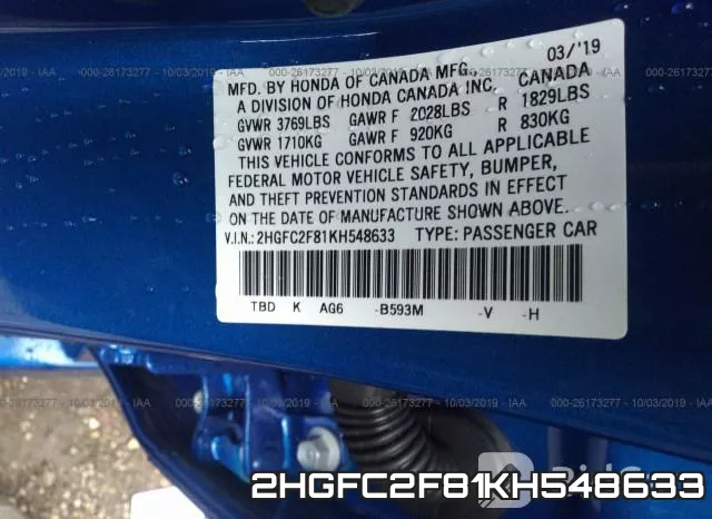 2HGFC2F81KH548633 фото 10