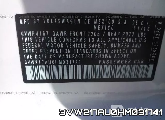 3VW217AU0HM031741 фото 10
