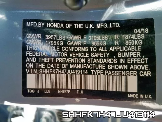 SHHFK7H47JU419114 фото 2