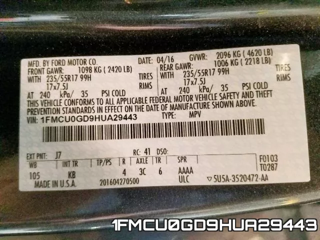 1FMCU0GD9HUA29443 фото 2
