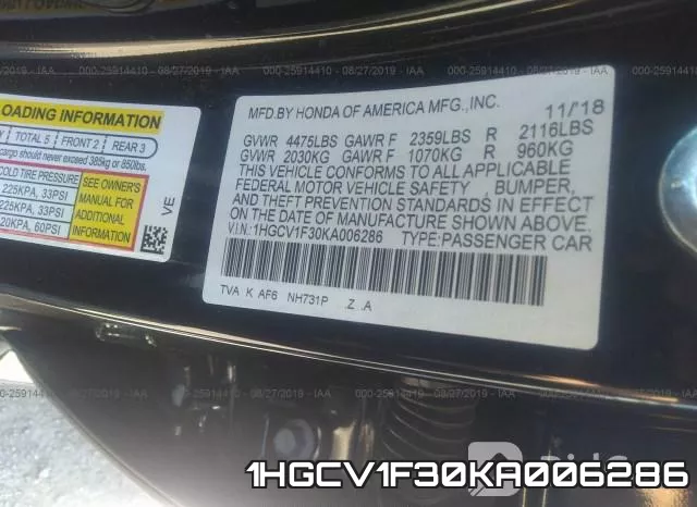 1HGCV1F30KA006286 фото 10