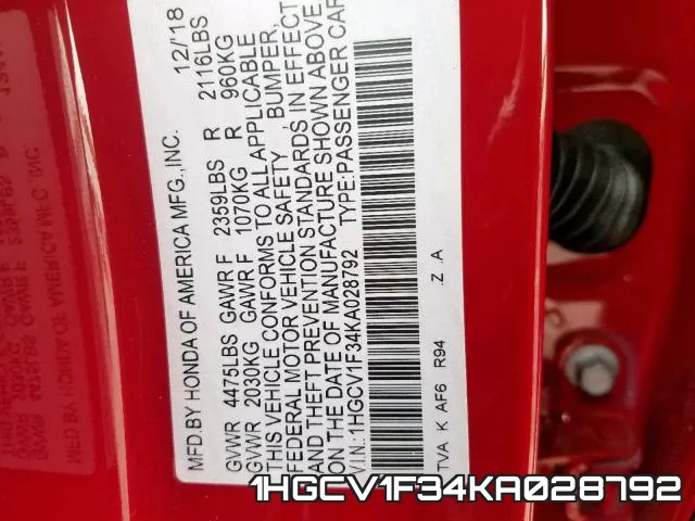 1HGCV1F34KA028792 фото 2