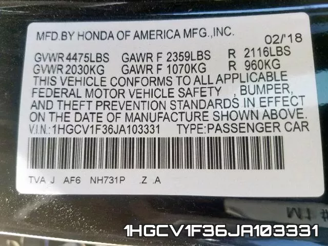 1HGCV1F36JA103331 фото 2