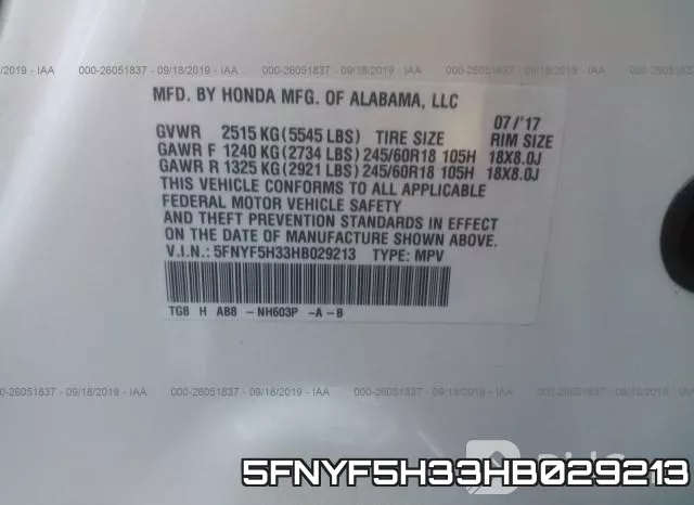 5FNYF5H33HB029213 фото 10