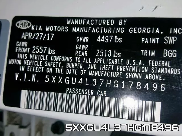 5XXGU4L37HG178496 фото 2