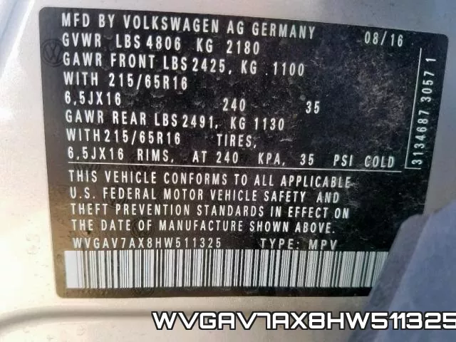WVGAV7AX8HW511325 фото 2