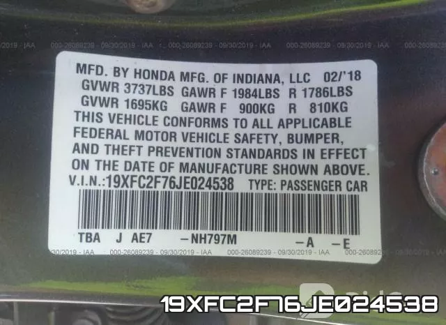 19XFC2F76JE024538 фото 10