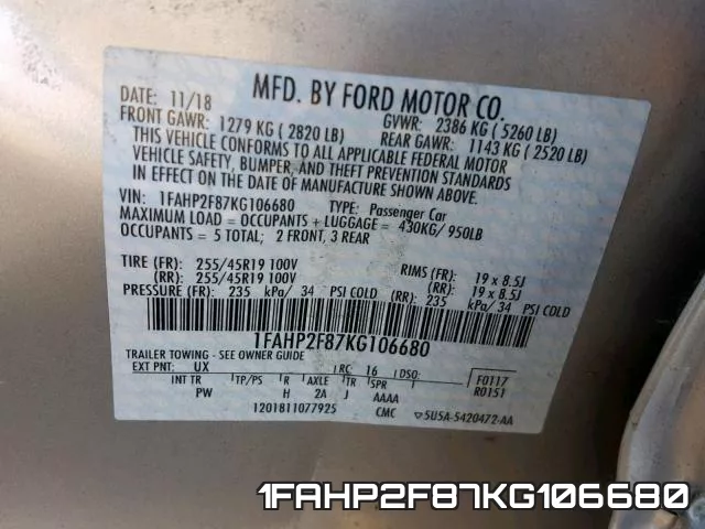 1FAHP2F87KG106680 фото 2