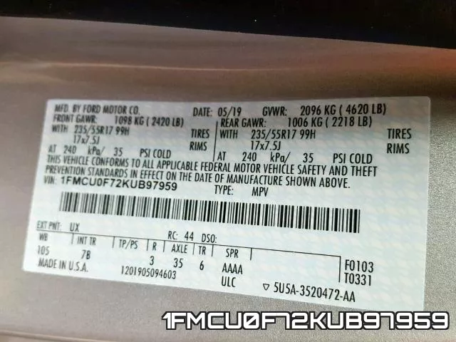 1FMCU0F72KUB97959 фото 2