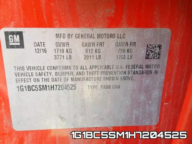 1G1BC5SM1H7204525 фото 2