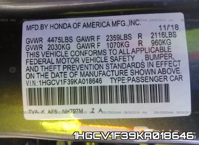 1HGCV1F39KA018646 фото 10