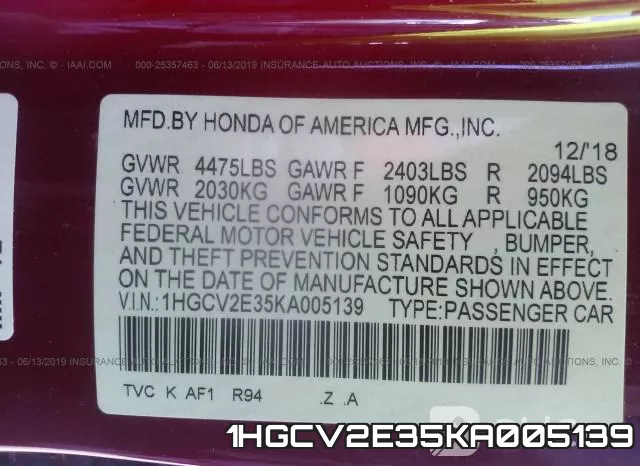 1HGCV2E35KA005139 фото 10