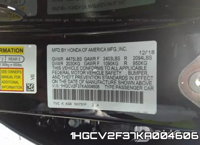 1HGCV2F37KA004606 фото 10