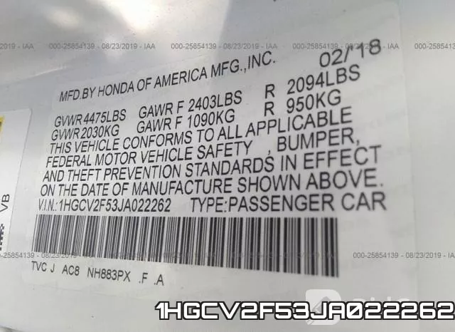 1HGCV2F53JA022262 фото 10