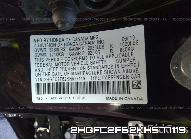 2HGFC2F62KH577119 фото 10