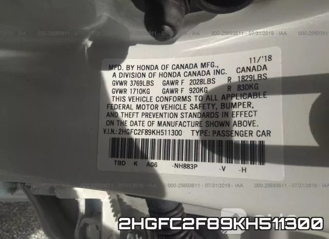 2HGFC2F89KH511300 фото 9