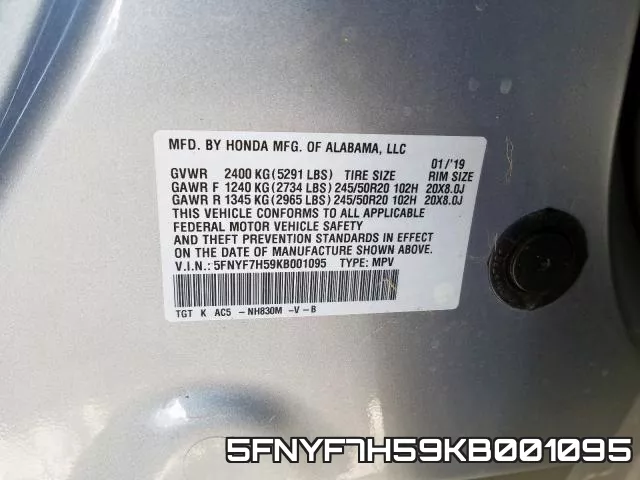 5FNYF7H59KB001095 фото 2