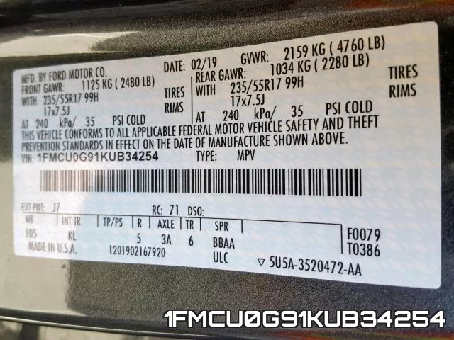 1FMCU0G91KUB34254 фото 2