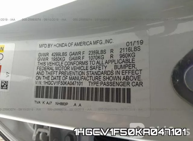 1HGCV1F50KA047101 фото 10