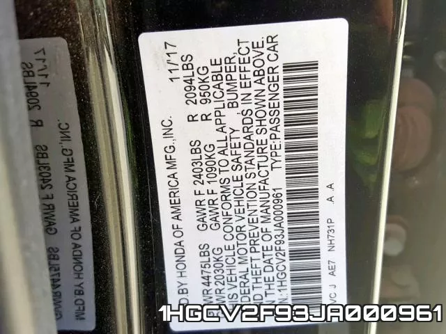 1HGCV2F93JA000961 фото 2
