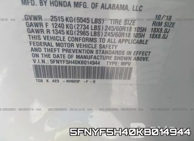 5FNYF5H40KB014944 фото 10