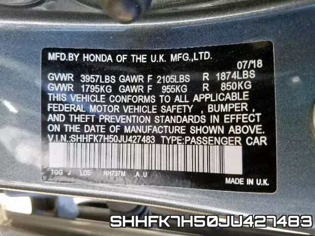 SHHFK7H50JU427483 фото 2