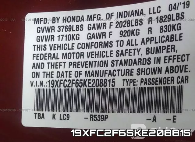 19XFC2F65KE208815 фото 10