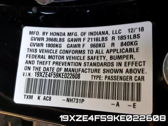 19XZE4F59KE022608 фото 2