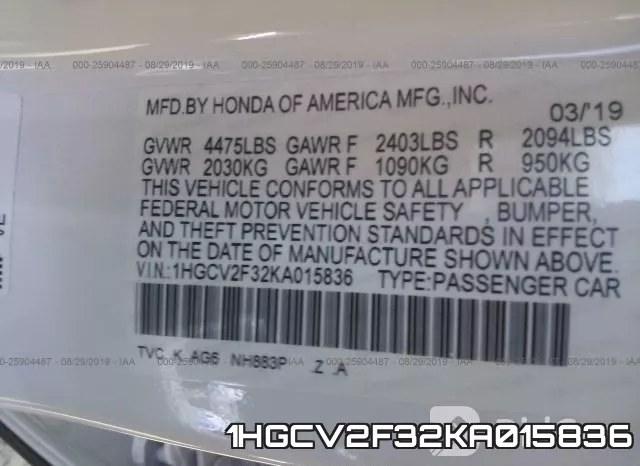 1HGCV2F32KA015836 фото 10