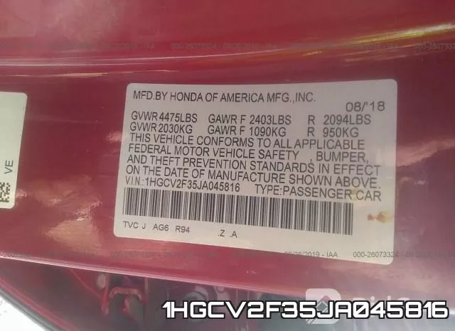 1HGCV2F35JA045816 фото 10