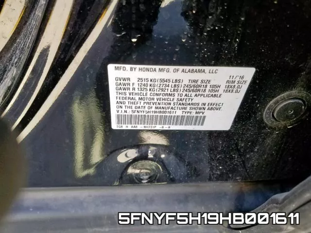 5FNYF5H19HB001611 фото 2