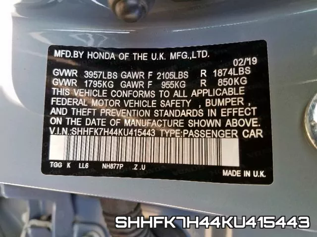 SHHFK7H44KU415443 фото 2