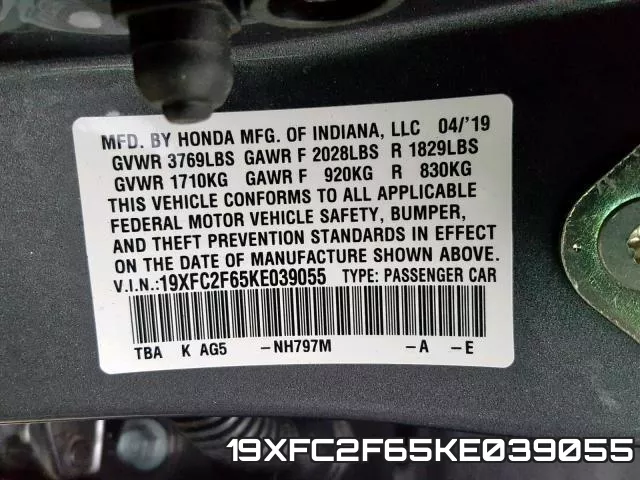 19XFC2F65KE039055 фото 2