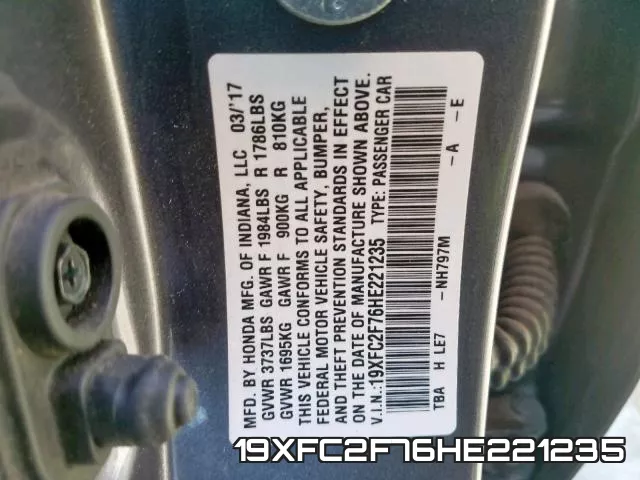 19XFC2F76HE221235 фото 2