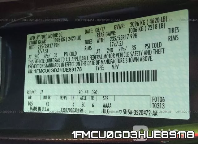 1FMCU0GD3HUE89178 фото 10