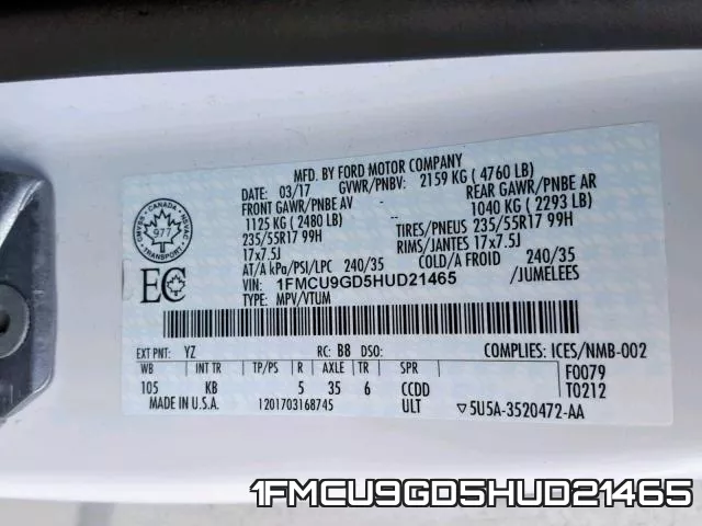 1FMCU9GD5HUD21465 фото 2