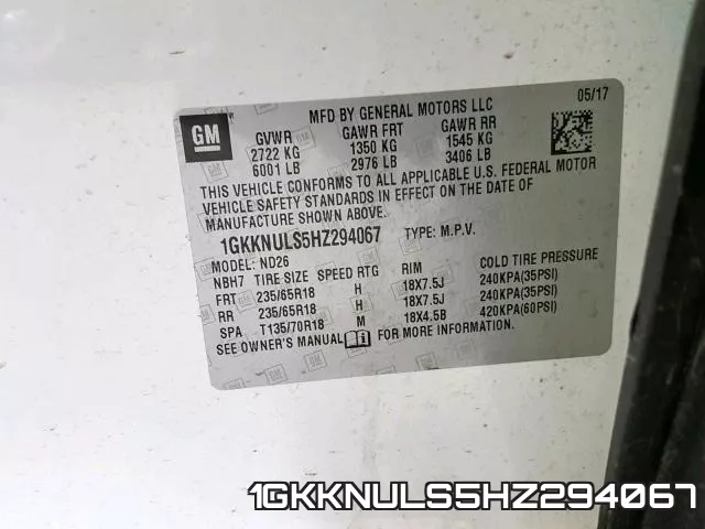 1GKKNULS5HZ294067 фото 2