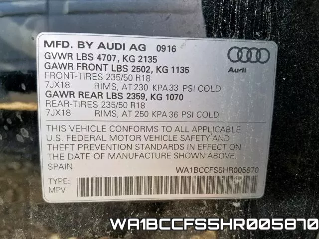 WA1BCCFS5HR005870 фото 2