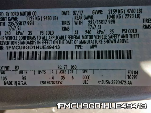 1FMCU9GD1HUE49413 фото 2