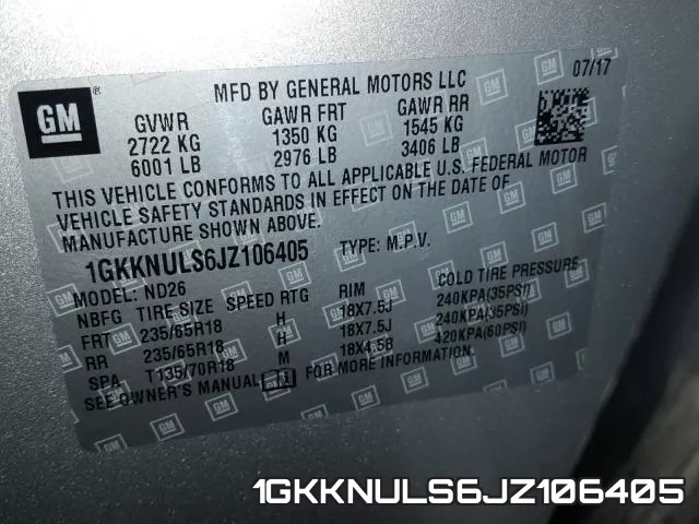 1GKKNULS6JZ106405 фото 2