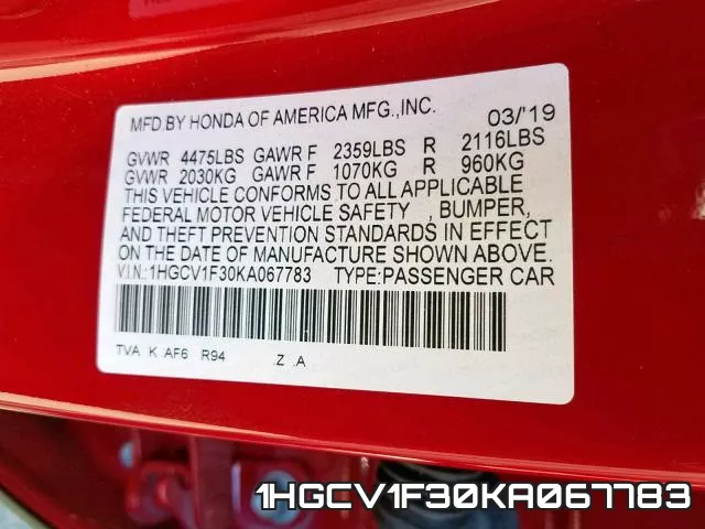 1HGCV1F30KA067783 фото 2