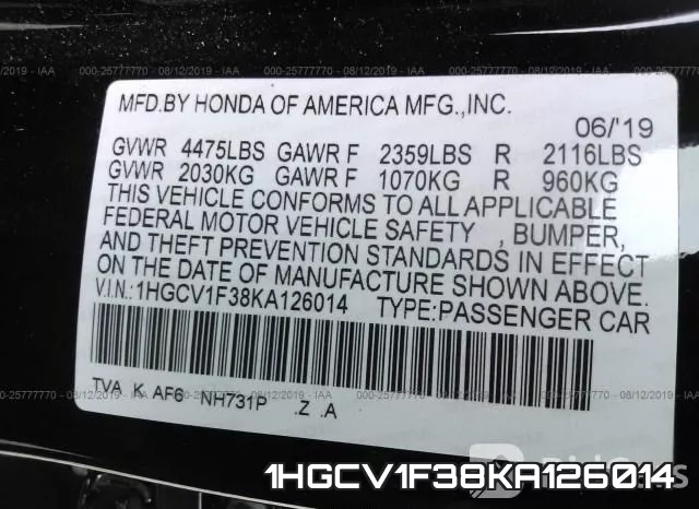 1HGCV1F38KA126014 фото 10