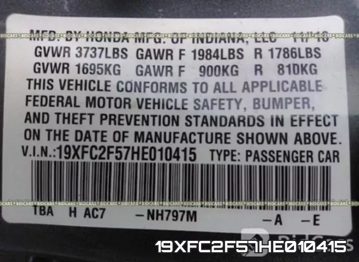 19XFC2F57HE010415 фото 10